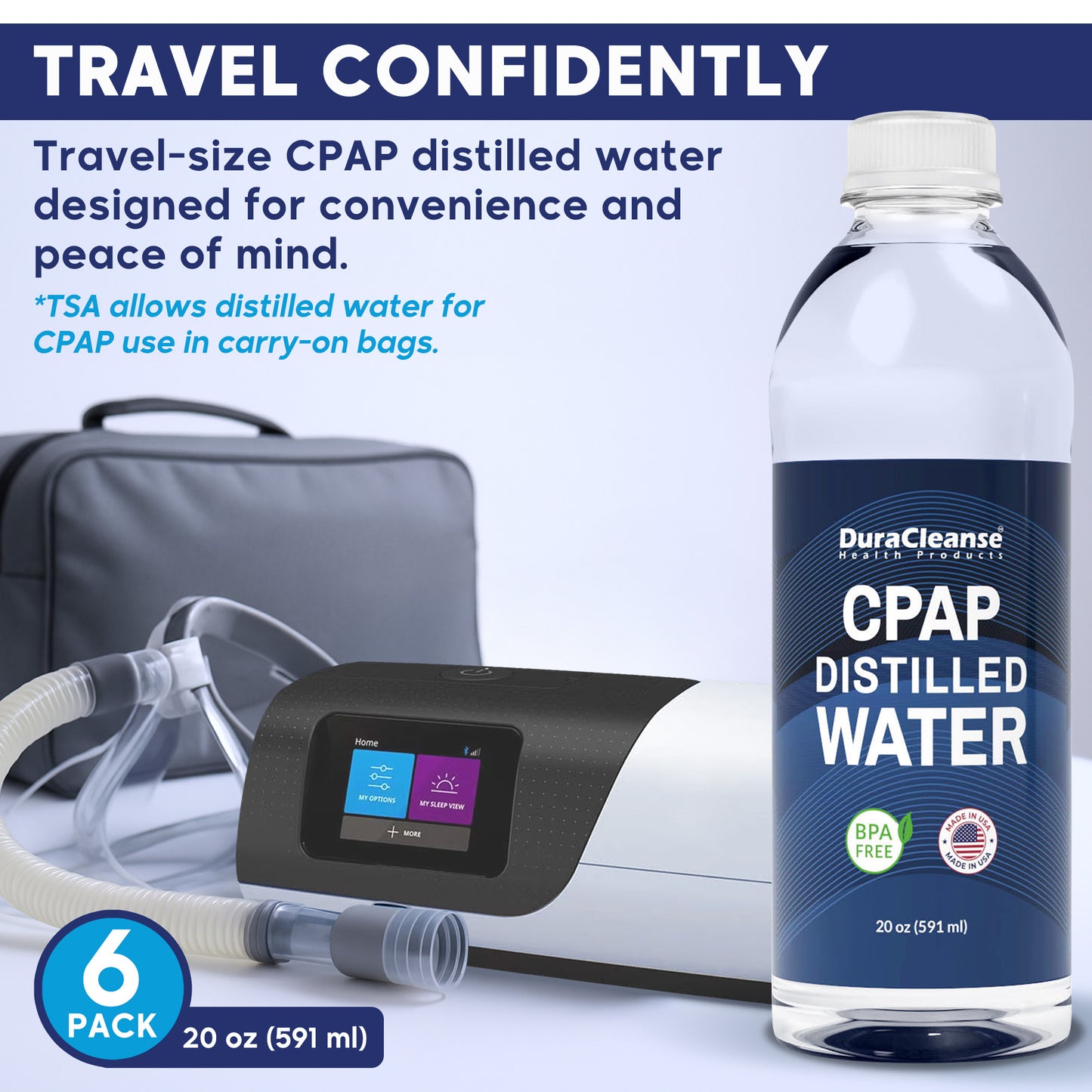 Distilled Water for CPAP Machines - 6-Pack (20 oz each) Travel Size Bottles