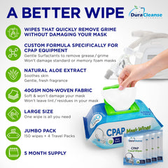 DuraCleanse CPAP Mask Cleaning Wipes - Pack + Travel Wipes - Extra Large, Extra Moist Cleaning CPAP Wipes for Mask, CPAP Machine & Supplies - Skin Safe with Aloe Vera