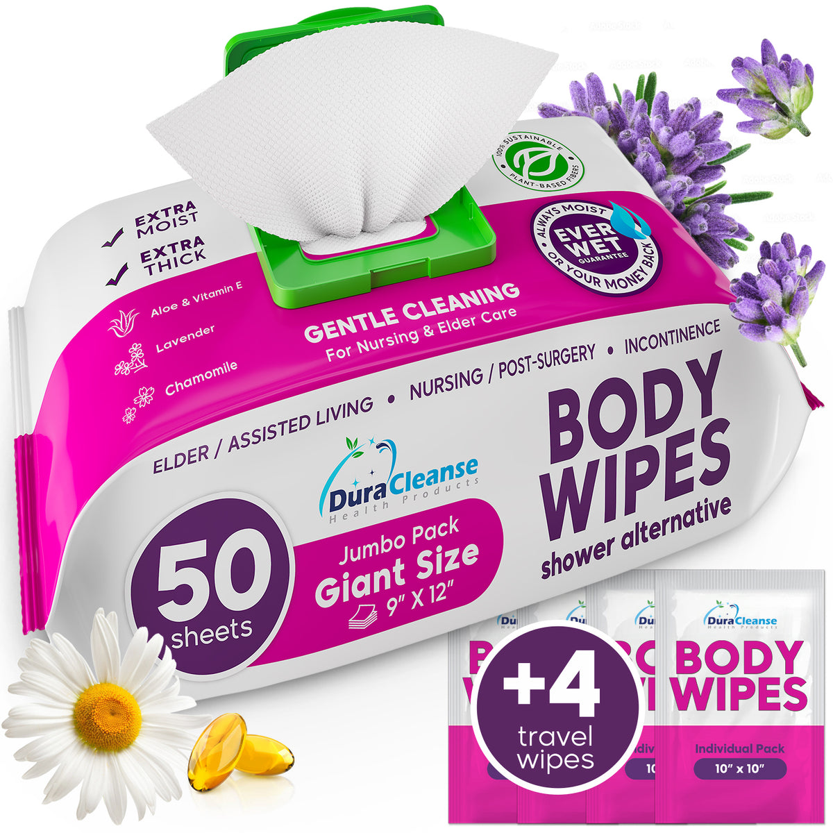 DuraCleanse XL Elderly Body Wipes (9" x 12") + Travel Size Wipes Bonus