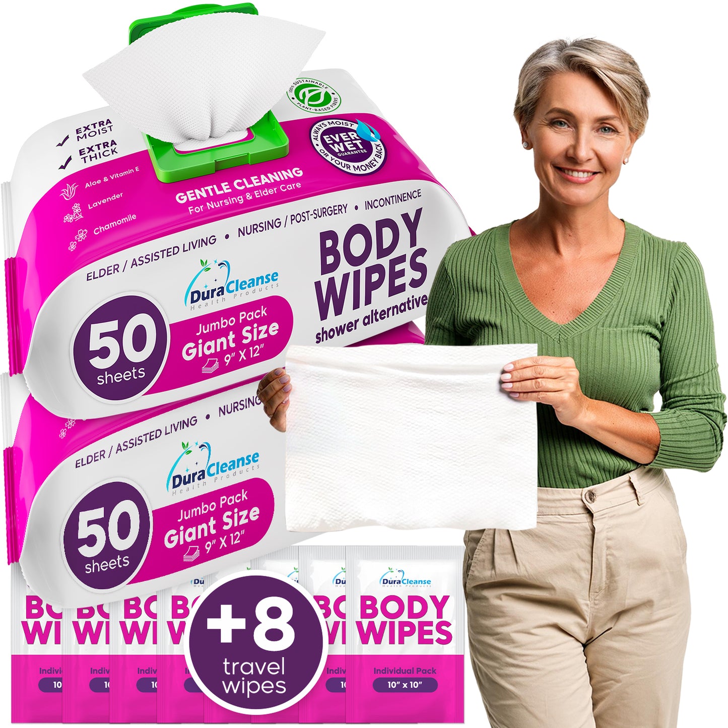 XL Adult Body Wipes (9" x 12") + Travel Size Wipes Bonus