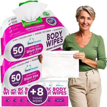 XL Adult Body Wipes (9" x 12") + Travel Size Wipes Bonus