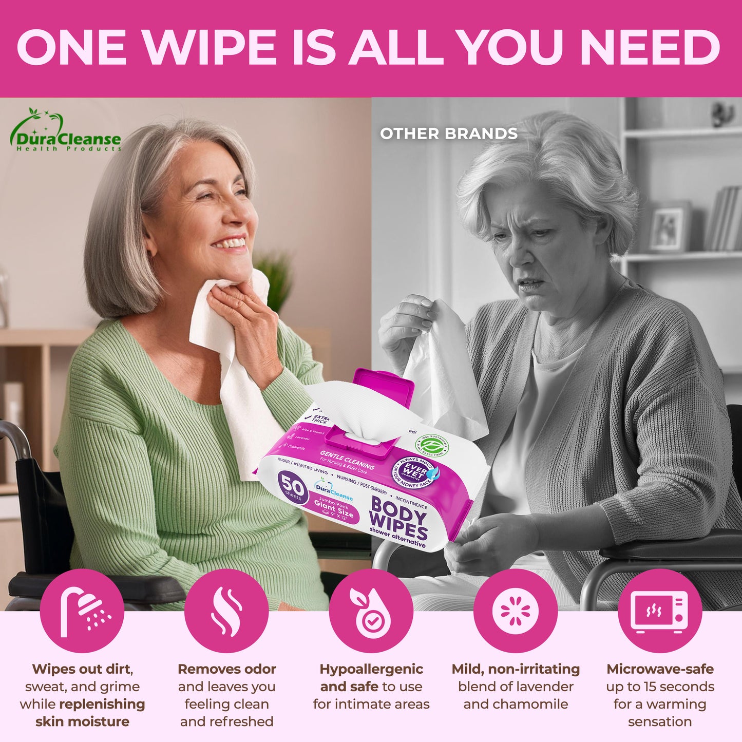 XL Elderly Body Wipes (9" x 12") + Travel Size Wipes Bonus