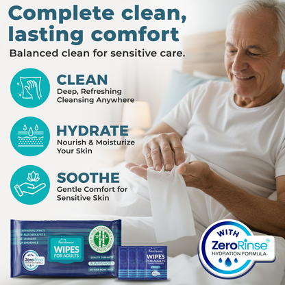 XL Adult Body Wipes (10" x 11.5") + Travel Size Wipes Bonus