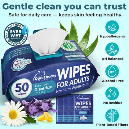 XL Adult Body Wipes (10" x 11.5") + Travel Size Wipes Bonus