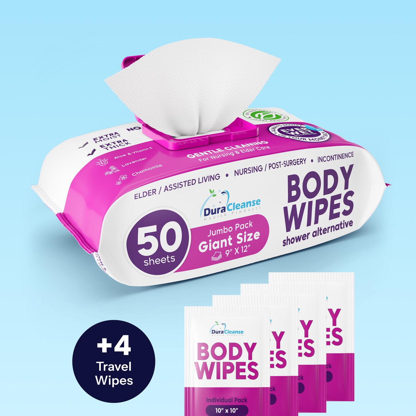 XL Elderly Body Wipes (9" x 12") + Travel Size Wipes Bonus